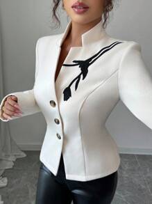 Selianne Women's Black And White Autumn/Winter Fitted Stand Collar Long Sleeve Embroidered Double-Sided Overcoat,Elegant Office Fashion For Commuting Casual - Apricot - View 6