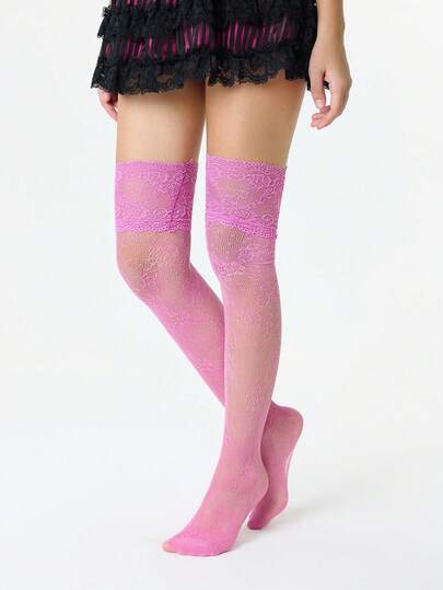 Grunge Punk زوج من الجوارب الطويلة حتى الركبة المزينة بالدانتيل الأزهار الرجعية، جوارب شفافة مرنة باللون الأحمر الوردي