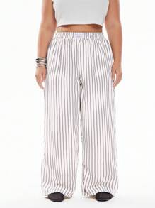 Solavibe Plus Size Striped Straight Leg Casual Pants, Minimalist & Fashionable, Suitable For Summer - Apricot - View 7