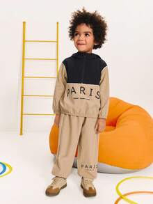 SHEIN 男童休闲连帽卫衣套装 - 卡其色 - 查看 3