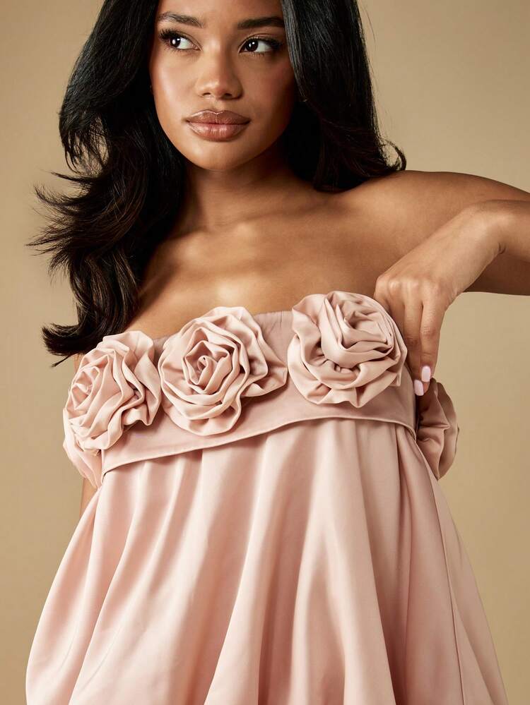 MISSGUIDED Elegante blusa de rosas con diseño de globo para fiesta de noche, ocasión especial, con bajo abullonado, pieza de declaración, diseño sofisticado para recepción de noche, glamorosa, con adornos de tela artesanal - Rosa - Añade 4