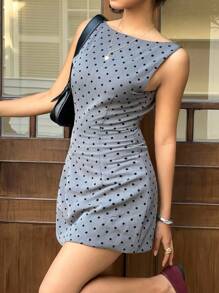SHEIN EZwear Women's Polka Dot Print Round Neck Sleeveless Mini Fashion Dress,Office Dress,Fall Women Clothes - Grey - View 4