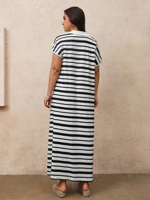 Juhart Plus Size Women's Knit Regular Spring/Summer Casual/Work Black & White Striped Contrast Color Short Sleeve Dress