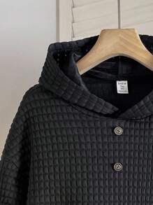 SHEIN Teen Boy Casual Loose Comfortable Versatile Knit Trim Decorative Button Placket Sweatshirt, Suitable For Autumn, Winter, Outings, Sports Fall - Black - View 3