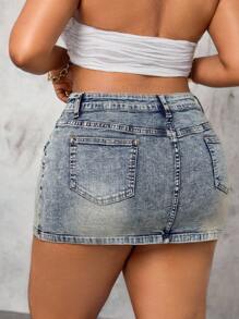 SHEIN Unity Plus Size Denim Sexy Hollow Waist Mini Skirt - Blue - View 2