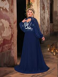 Glamrae 加大码夏季优雅浪漫甜心领可拆卸袖手工串珠奢华亮片拼接雪纺超长 A 字晚礼服 - 藏蓝色 - 查看 5