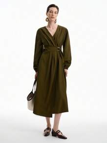 Aalyst Olivgrüner modischer minimalistischer D-Schnallen Gürtel Dekor Design, Damen Lässig Pendler Kleid - Armeegrün - Übersicht 5