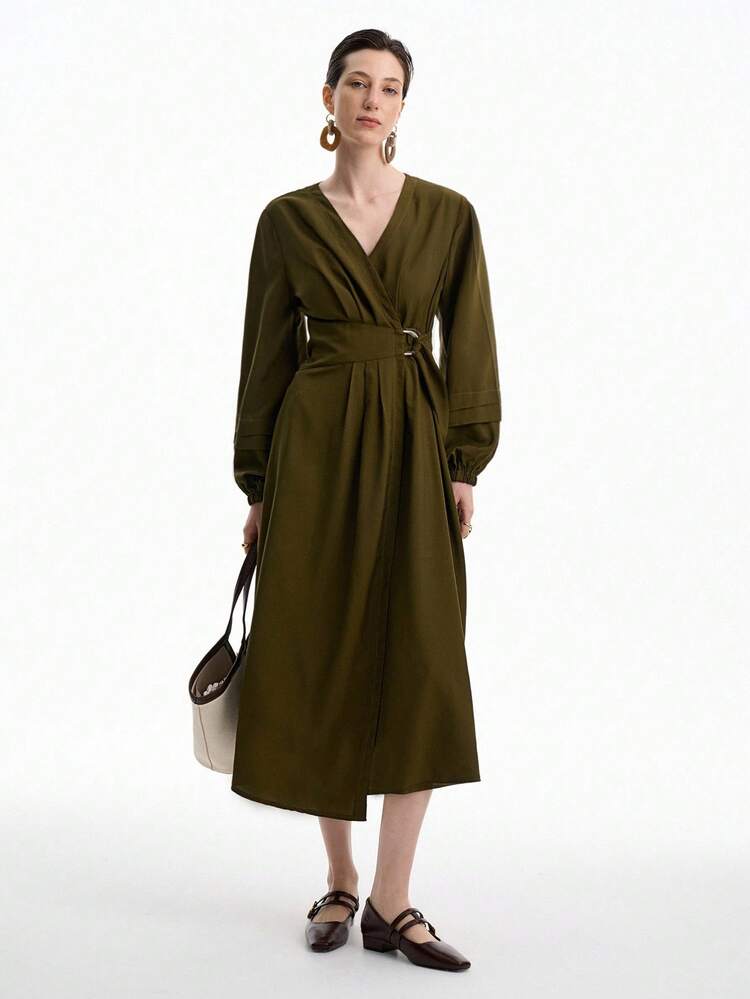 Aalyst Thiết kế thắt lưng khóa chữ D tối giản thời trang màu xanh ô liu, Đầm đi làm thường ngày cho nữ - xanh quân đội - Xem 5