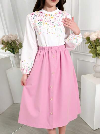 SHEIN 2pcs/Set Tween Girl Print Long Sleeve Shirt And Pink Skirt Outfit, Spring/Autumn