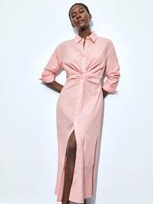 Maija 长袖连衣裙，腰部打结，衬衫领，单排扣设计，褶皱腰身，适合音乐节、复活节、都市商务休闲场合，秋冬 - 粉色 - 查看 7