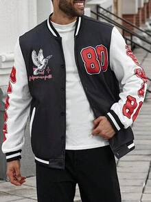 Manfinity LEGND Plus Size Men's Slogan Print Contrast Color Long Sleeve Casual Baseball Jacket Men Graphic Jacket, Fall - Black and White - View 3
