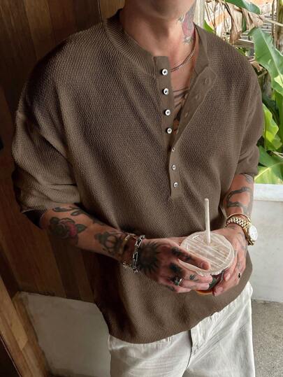 DAZY Summer Vacation Beach Textured Fabric Brown Half-Open Collar Men Knit Top, For Fall