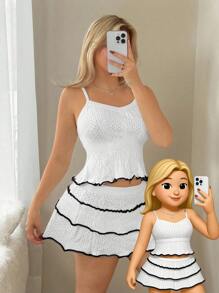 Sweetina Bộ 2 áo hai dây đan hở vai bèo nhún và chân váy đan mini thời trang thu đông cho nữ - Đen và trắng - Xem 6