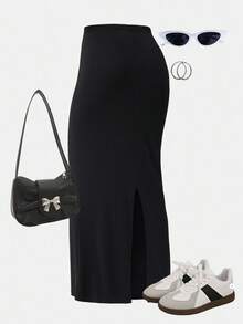 Girlism Teen Girls Casual Solid Color Straight Knit Black Skirt, Suitable For Autumn And Winter Fall