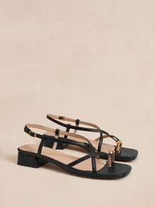 Rosivie 女式黑色方头绑带金属铆钉扣凉鞋，学生/通勤夏装，万圣节派对高跟鞋