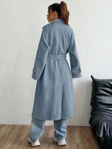 EURMUSE 女式纯色简约日常翻领长袖大衣 - 霧霾藍 - 查看 2