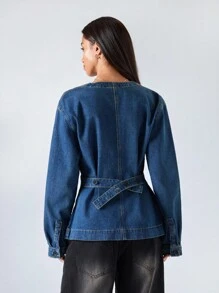 Muchica Áo sơ mi denim dáng rộng, cài cúc phía trước, kiểu dáng thường ngày, đã qua xử lý. - Màu xanh lam - Xem 2