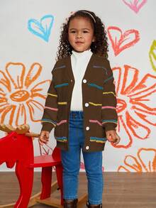 Cardigan casual solto listrado colorido para meninas Cardigan marrom para meninas Cardigan listrado para meninas Cardigan de malha infantil Cardigan para meninas Cardigan com botões para meninas no outono/inverno - Castanho - Ver 4