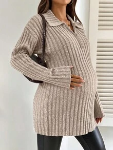 SHEIN كنزة صوفية حمل خريفية ذات لون سادة، سحاب نصفي، كتف منسدل، أكمام طويلة، شق جانبي في الذيل، حمل خريفي وشتوي، ملابس علوية حمل شتوية مرتبة، حمل شتوي دافئ - بني فاتح - مشاهدة 3