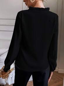 Elenzga Solid Notched Neck Shirt,Long Sleeve Tops Fall Cloth For Women - Black - View 2