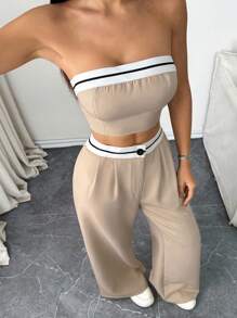 Chiquease Women's Colorblock Bandeau Top And Wide Leg Pants Set - Apricot - View 5