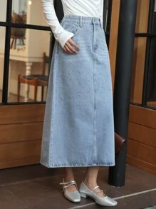 K-Vae Women's Fall Casual Light-Colored Vintage Denim Blue Denim Skirt With Diamonds,Korean Style Fall Women Clothes,Teacher Outfits For Women,School Clothes,Old Money Style