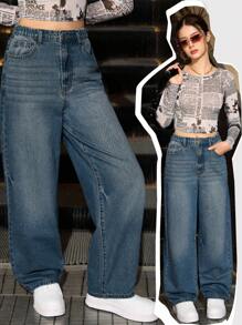 Denimly 女式休闲日常都市街头松紧腰拉链宽松水洗牛仔裤 - 中等水洗藍 - 查看 1