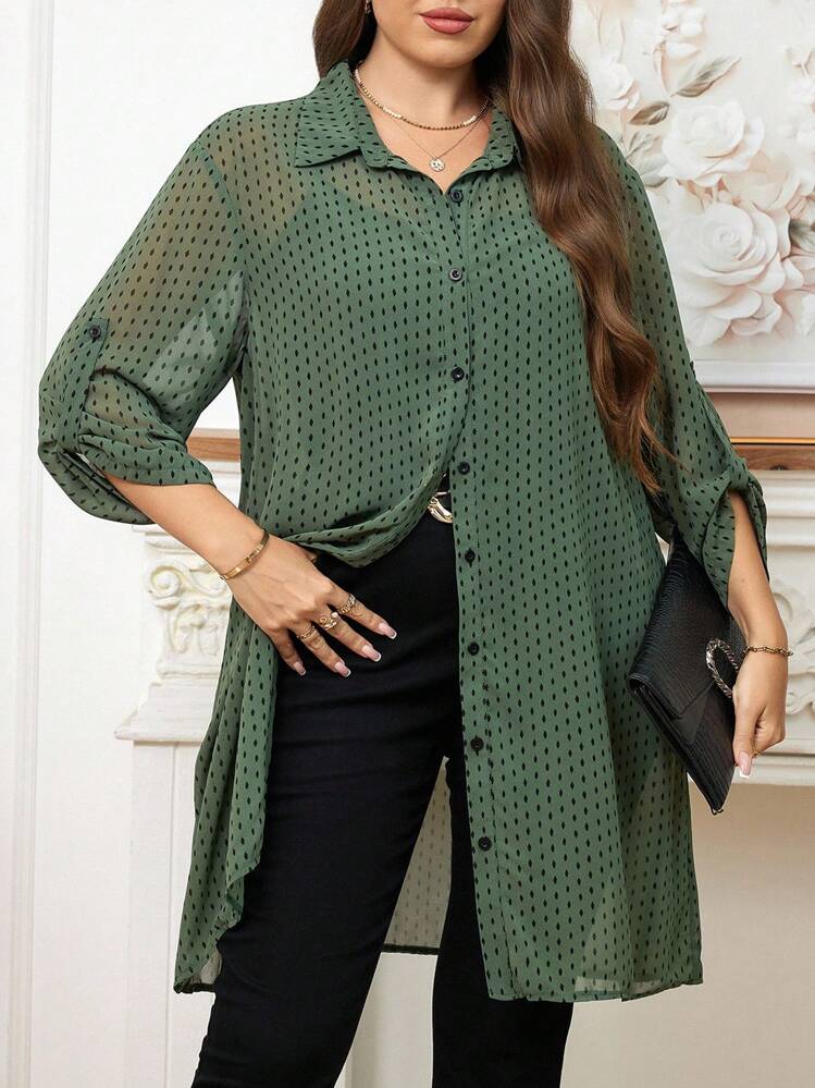 SHEIN CURVE+ Plus Size Women's Green Polka Dot Chiffon Blouse, Long Sleeve Flowy Shirt, Vintage Style, Business Casual Wear, Teacher , Office Commute/2026 /New Year - Green - View 3