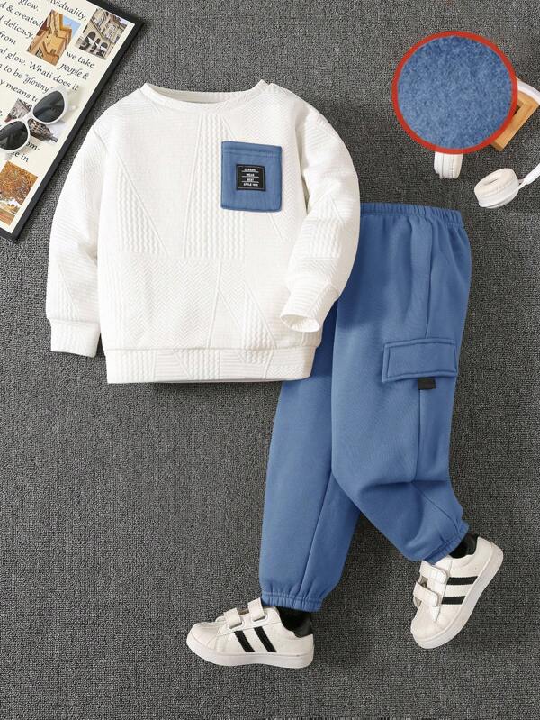 SHEIN 2 件套儿童男孩休闲可爱撞色拼布圆领套头衫和松紧腰慢跑裤针织套装，适合学校、花园、海滩、生日、所有季节（春、夏、秋、冬），羊毛，加厚