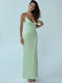 Aloruh Women's Fashionable Elegant Backless Pleated Spaghetti Strap Dress,Party Dress,Wedding Guest Dress - Green - View 6