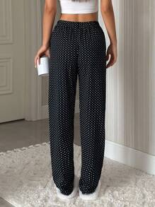Pantalón de pijama de algodón para mujer con estampado a lunares de color contrastante