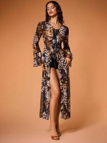 Glamance Vecteezy Cardigan Tipis Wanita Motif Polkadot Hitam dengan Kerah Ruffle dan Tali di Depan, Model Havana Nights, Atasan Jala untuk Musim Dingin - Hitam - View 4