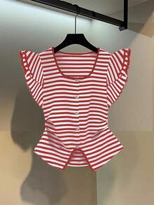 Franclia Elegant U-Neck Short Sleeve Butterfly Hem Slit Waist Striped Knit T-Shirt For Women, Spring/Summer