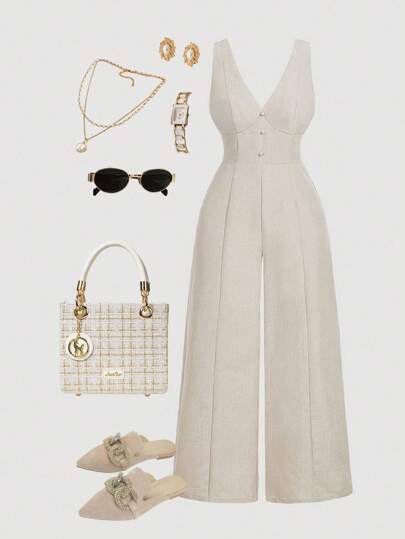 SHEIN MOD Mono ancho de pierna de color caqui con escote en V profundo, sin mangas y cintura ceñida en talla grande