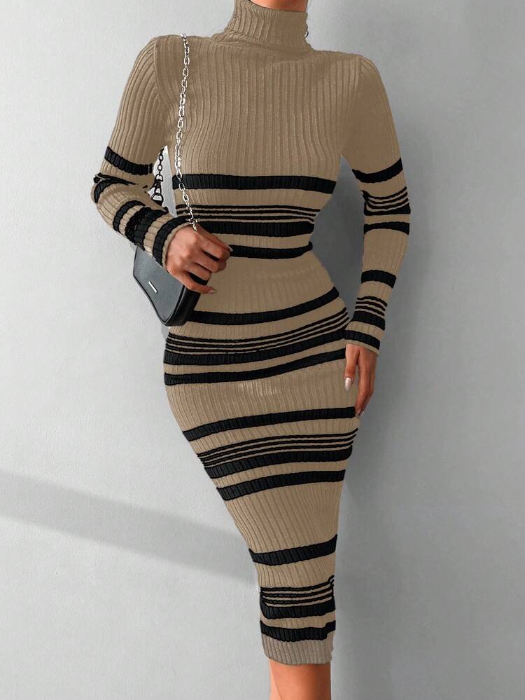 EURMUSE Striped Print Turtleneck Bodycon Sweater Dress - Mocha Brown - View 6