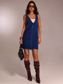 SHEIN Forever 21 春季通勤简约复古直筒牛仔连衣裙 - 深色水洗藍 - 查看 5