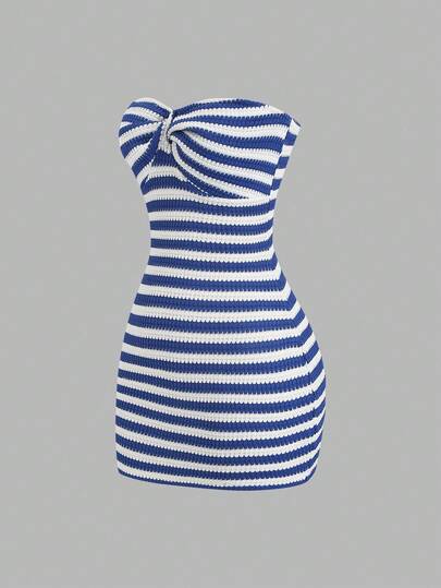 Sweetra Women's Contrast Striped Backless Knit Tube Top Bodycon Mini Dress, Fitted Waist, Summer