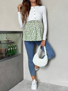 SHEIN Maternity Daisy Print Patchwork Design Button Down Long Sleeve T-Shirt For Vacation   Work/Office Maternity Top Maternity Clothes Flower Top Daisy Top Cottagecore Maternity Fall Women Clothes  Going Out Tops Women    Fall Women Clothes  Button Up Shirt Women  Graphic Women Tees - Black - View 5