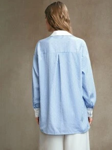 Arave Women's Plain Rhinestone Fabric, Dropped Shoulder Style, Shirt Collar Contrast Color Design, Daily Commuting Long Sleeve Shirt Going Out Tops Women Back To School Clothes Office Outfits For Women Striped Shirt Casual Outfits Spring