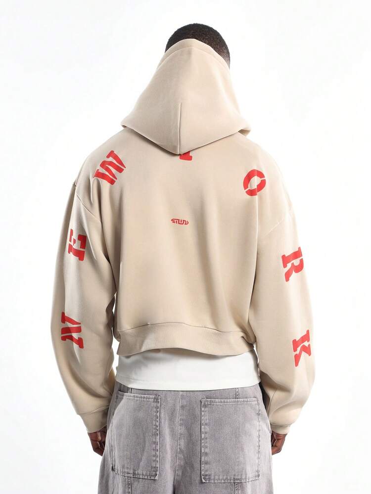 Cropped Beige Hoodie With Letter Print And Centre Pocket