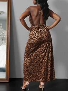 Plus Size Women Vacation Leopard Print Side Split Sexy Halter Dress - Multicolor - View 2
