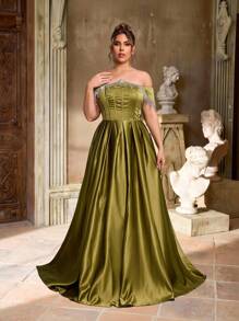Aureia Gaun Malam Formal Elegan Musim Semi Warna Hijau Zaitun Ukuran Besar, Gaun Pesta Pernikahan Model A-Line Berlipit dengan Desain Rumbai Rantai Berlian Satu Bahu - Dark Green - View 6