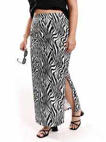 Solavibe Women's Plus Size Zebra Striped Split Thigh Skirt - Black and White - View 1