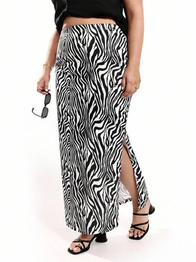 Solavibe Women's Plus Size Zebra Striped Split Thigh Skirt