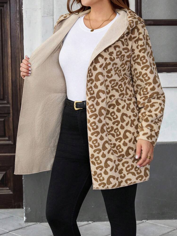 Plus Size Fashionable Leopard Print Suede Double-Sided Hooded Jacket With Pockets, Autumn/Winter Fall