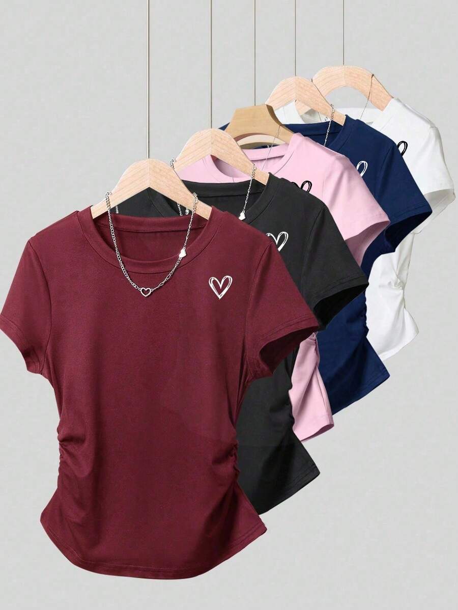Camiseta ajustada con cintura ceñida, fruncido lateral y estampado de corazón, versátil y de moda para mujer - Burdeos - Ver 1