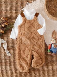 SHEIN 2pcs Baby Girl 2025 Autumn/Winter Long Sleeve Knitted Pure White Sweater + Khaki Fleece Jumpsuit Set - Khaki - View 1