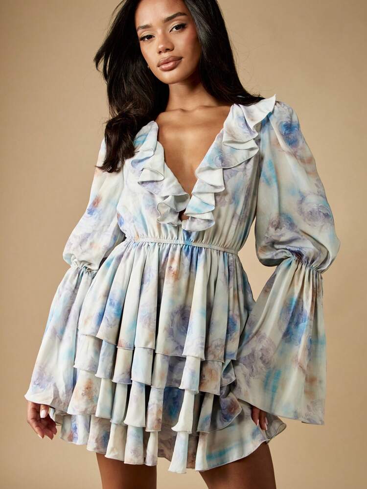 MISSGUIDED Watercolor Print Long Sleeve Mini Dress Ruffle Tiers Plunge V Neck Party Dress Wedding Guest Cloud Pastel Puff Sleeve Spring Summer Dress