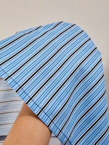 SHEIN Explorewe Casuvi Kid Boys' Striped Print Shirt,Contrast Collar,College Baseball Graphic,Navy Blue,Autumn,Casual,School,Back-To-School,Spring,Vacation Wear - Blue - View 7