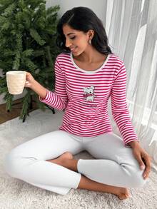 EURMUSE Conjunto de pijama de algodón 100% con rayas y gráficos de dibujos animados - Rosa Fucsia - Ver 3